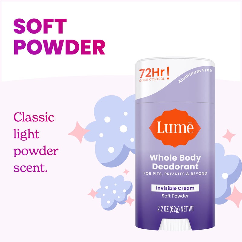 Lume Whole Body Deodorant - Invisible Cream Stick - 72 Hour Odor Control - Aluminum Free, Baking Soda Free, Skin Safe - 2.2 Ounce (Pack of 2) (Soft Powder) - Image 3