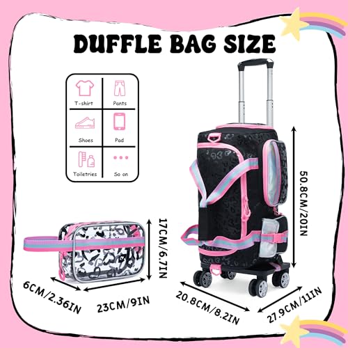 Oruiji Kids Rolling Duffle Bag with Wheels for Girls Overnight Bag with Makeup Bag Dance Bag for Girls Travel Bag with Travel Toiletry Bag Girls Luggage Bag for Travel - Image 3