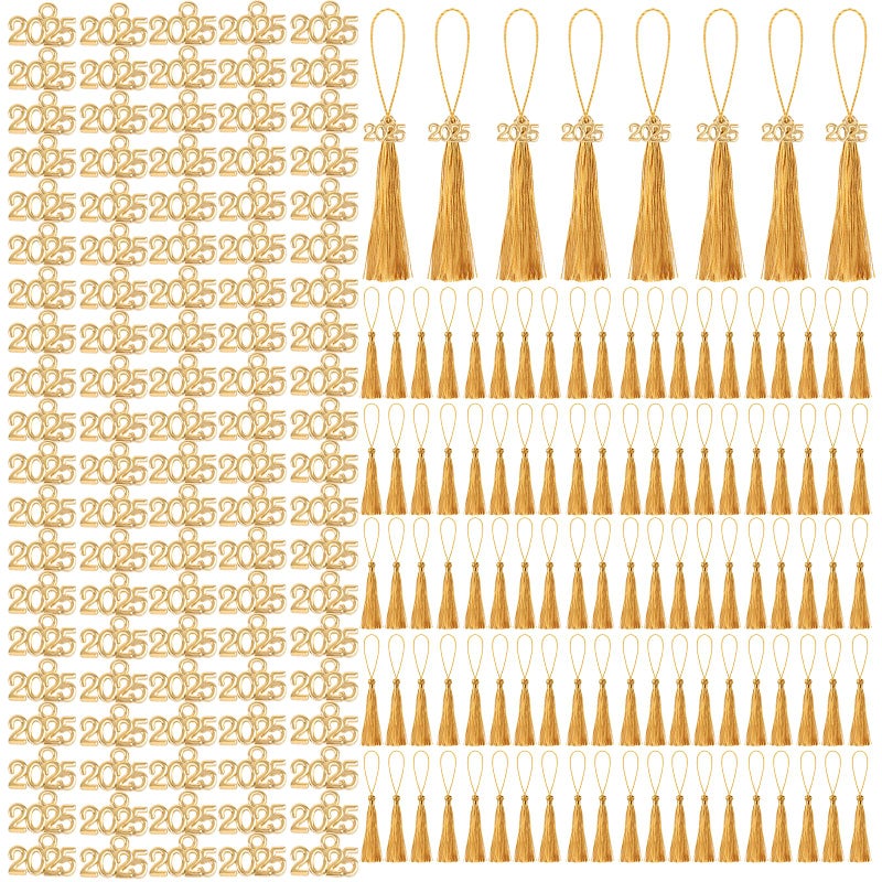 FOIMAS Mini Graduation Tassels100pcs Mini GradeTassels with 100pcs 2025 Tassel Charms for Graduation Cap Keychain Ornaments DIY Craft Bookmarks Gifts Tag Jewelry Making ProjectGold
