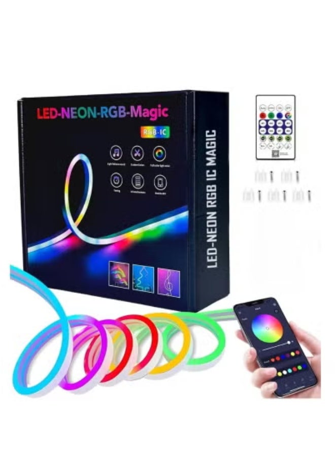 JAJEEK DC5V 5M Smart Neon LED Strip Light with RGBIC Tech | Flexible Waterproof Light Strip with Bluetooth App Control & Music Sync | Customizable RGB Colors & Dynamic Effects for Home, Parties, Gaming Setup & Decor | Easy Peel-and-Stick Installation - Image 1