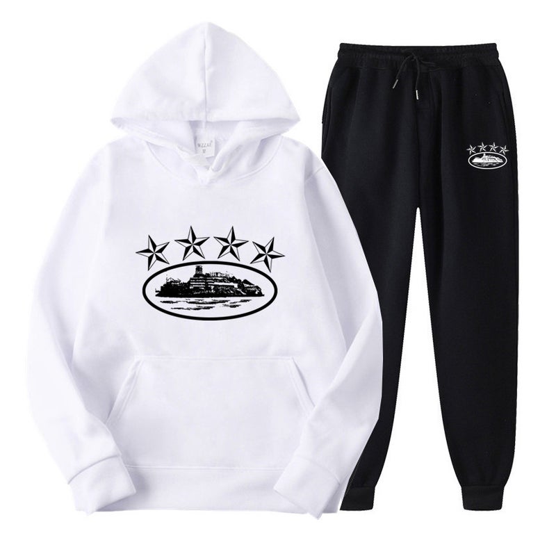 Cross-border Foreign Trade Corteiz Trendy Street Loose suit Womens Hip-hop Skateboard Five-pointed Star Magic Island Fashion Sweatshirt white black pants 