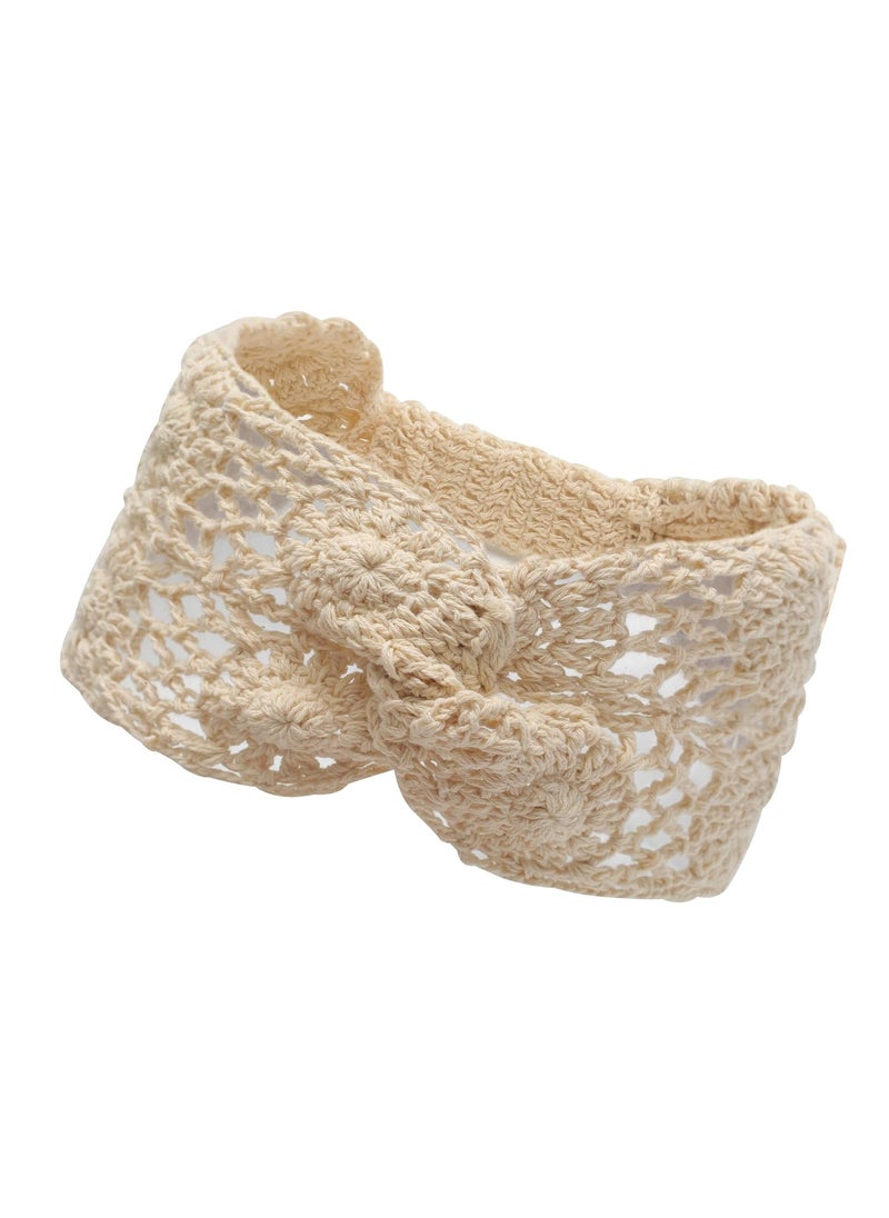 ZLYC ZLYC Women Headband Handmade Crochet Knit Boho Flower Hair Bands Twist Knotted Beige 
