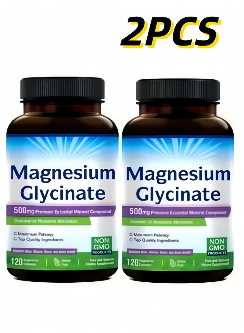 Wins Town Magnesium Glycinate 500 mg，Premium Essential Mineral Complex. Featuring chelated technology for optimal absorption and maximum efficacy, made with top-grade raw materials. It helps support the health of bones, muscles, nerves and the heart.Contains 120 vegetarian capsules. Gluten-free and non-GMO. An all-natural dietary supplement，2 Bottles Set - Image 1