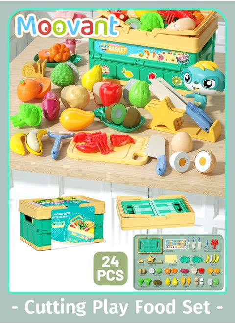 24PCS Cutting Play Food Set for Kids Kitchen, Realistic Fruit and Vegetables with Peeling and Cutting Features, Portable Handheld Folding Storage Basket Pretend Play Toy