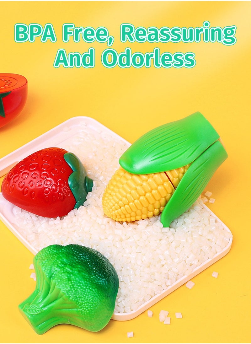 24PCS Cutting Play Food Set for Kids Kitchen, Realistic Fruit and Vegetables with Peeling and Cutting Features, Portable Handheld Folding Storage Basket Pretend Play Toy