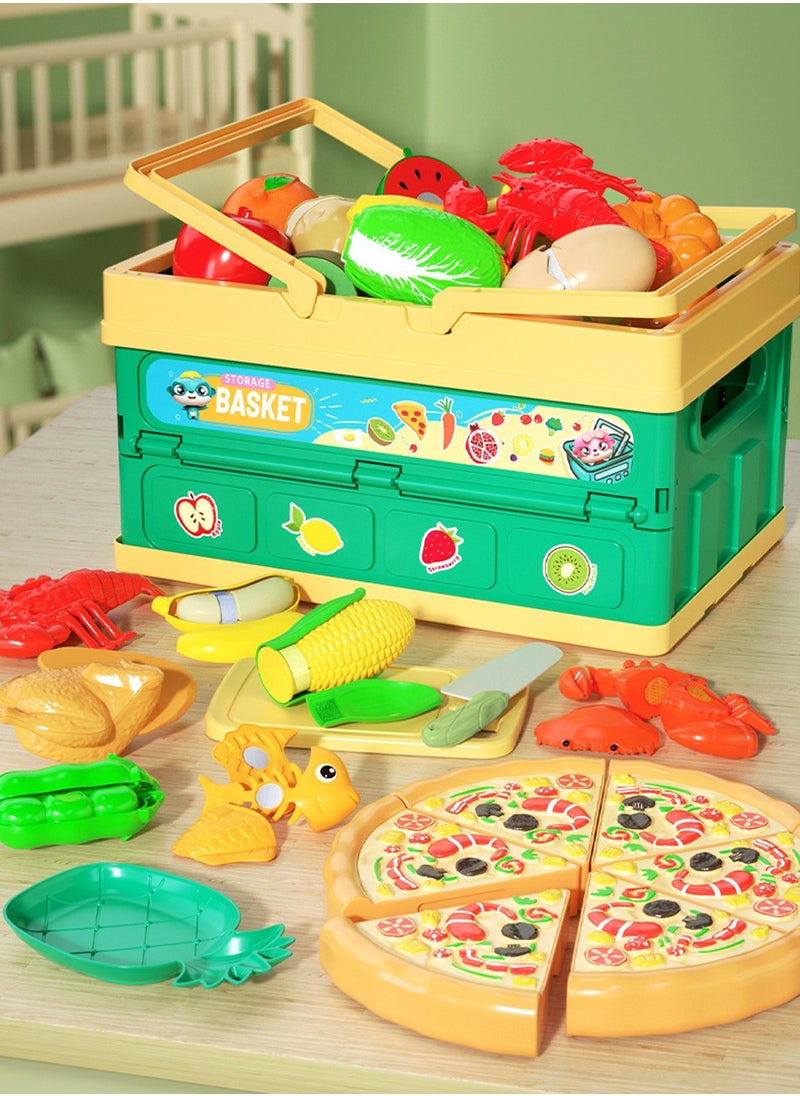 24PCS Cutting Play Food Set for Kids Kitchen, Realistic Fruit and Vegetables with Peeling and Cutting Features, Portable Handheld Folding Storage Basket Pretend Play Toy