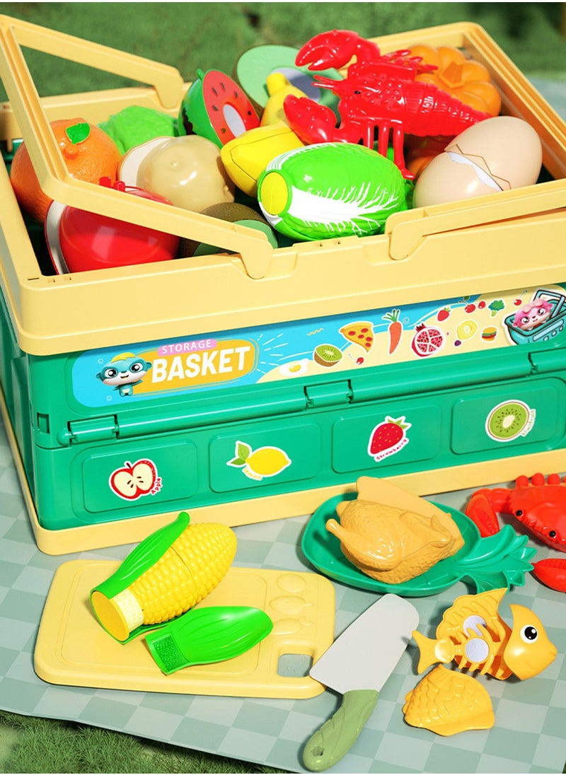 24PCS Cutting Play Food Set for Kids Kitchen, Realistic Fruit and Vegetables with Peeling and Cutting Features, Portable Handheld Folding Storage Basket Pretend Play Toy