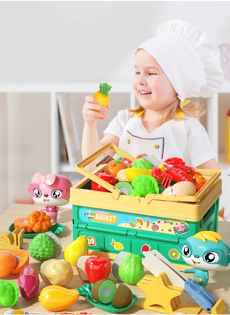 24PCS Cutting Play Food Set for Kids Kitchen, Realistic Fruit and Vegetables with Peeling and Cutting Features, Portable Handheld Folding Storage Basket Pretend Play Toy
