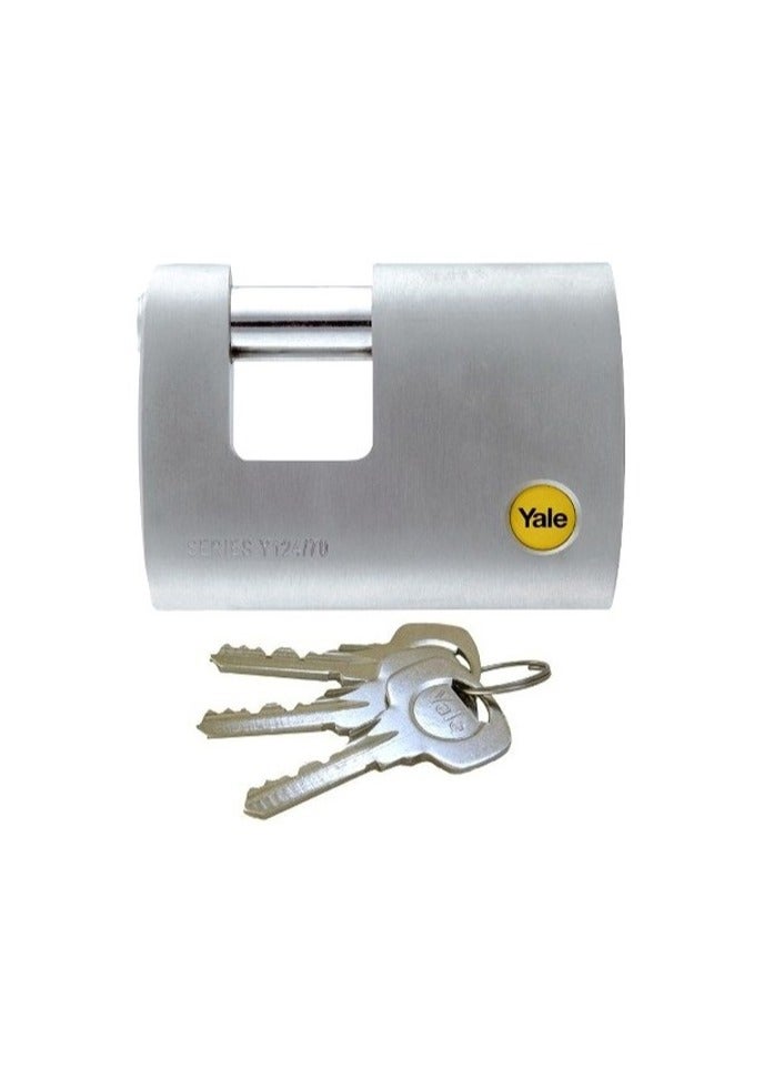 Yale Y124/70/115/1 70 mm Satin Chrome Brass Padlock with Boron Steel Shackle, Double-Locking, Self-Latching – 3 Nickel-Plated Brass Keys  - Image 3
