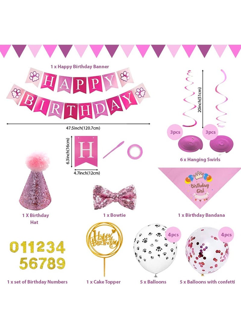 KASTWAVE Dog Birthday Party Supplies Set, Happy Birthday Banner Balloons Hat Bandana Hanging Swirls Bow Tie Cake Topper for Small, Medium & Large Dogs (Pink) - Image 2