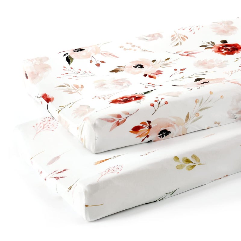 GRSSDER Stretch Ultra Soft Jersey Knit Changing Pad Cover Set 2 Pack Change Table Pad Covers Fit 3234 x 16 Pads Safe and Snug Pretty Watercolor Rose Flora for Baby Girls Orange Pink