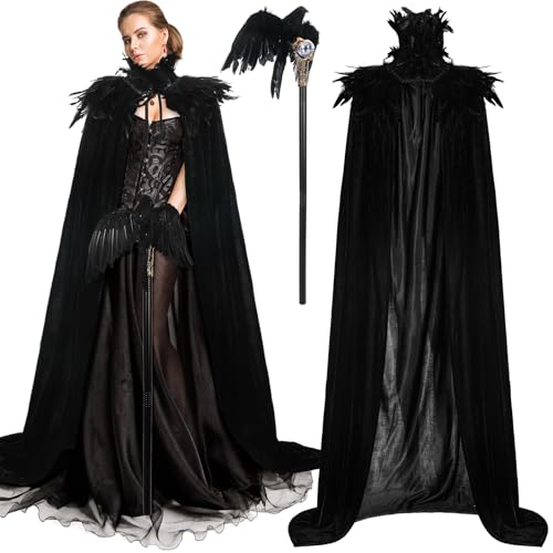 Toulite 3 Pcs Women Halloween Evil Black Style Queen Costume Witch Crow Gothic Feather High Collar Cape Cosplay Party Props - Image 1