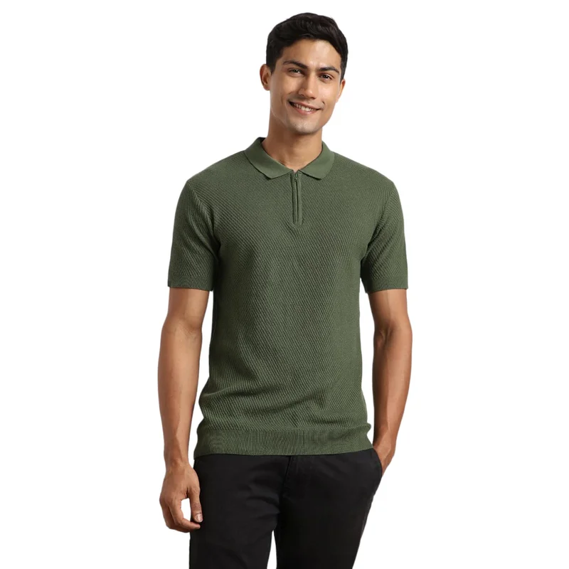Men's Olive Green Zip Polo Shirt