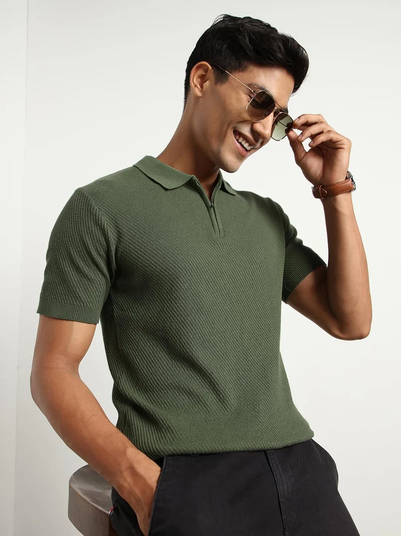 NOBERO Men's Olive Green Zip Polo Shirt