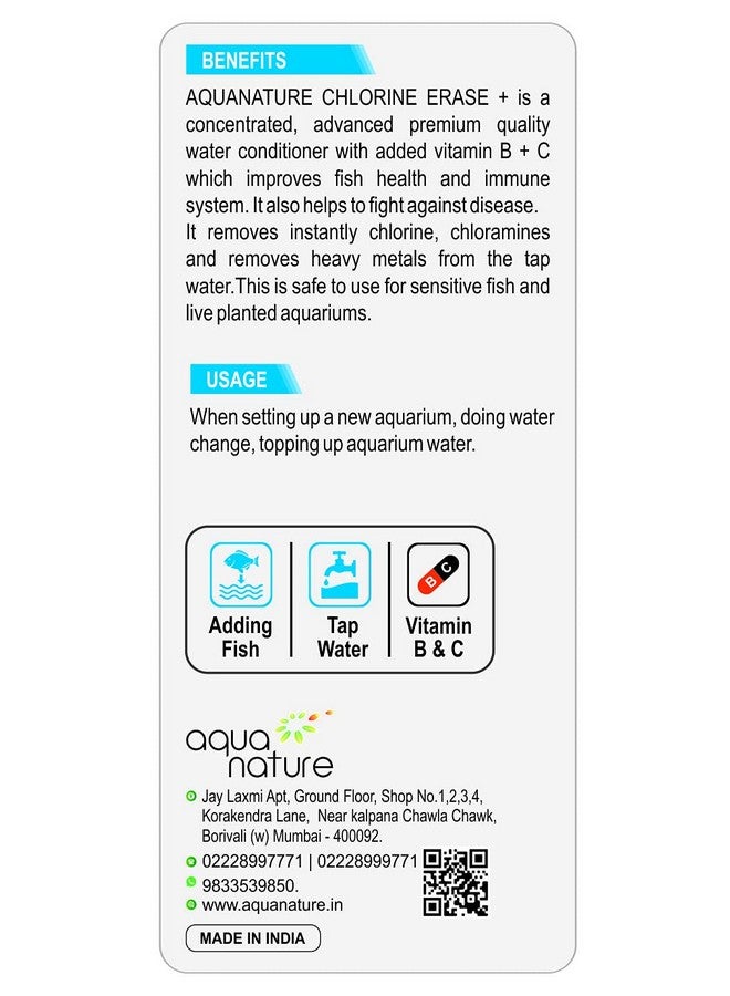 aqua nature أكوا ناتشر كلورين إيريز + مكيف مياه مركز مزيل الكلور + فيتامين ب & ج لأحواض السمك العذبة (1 لتر) - Image 2