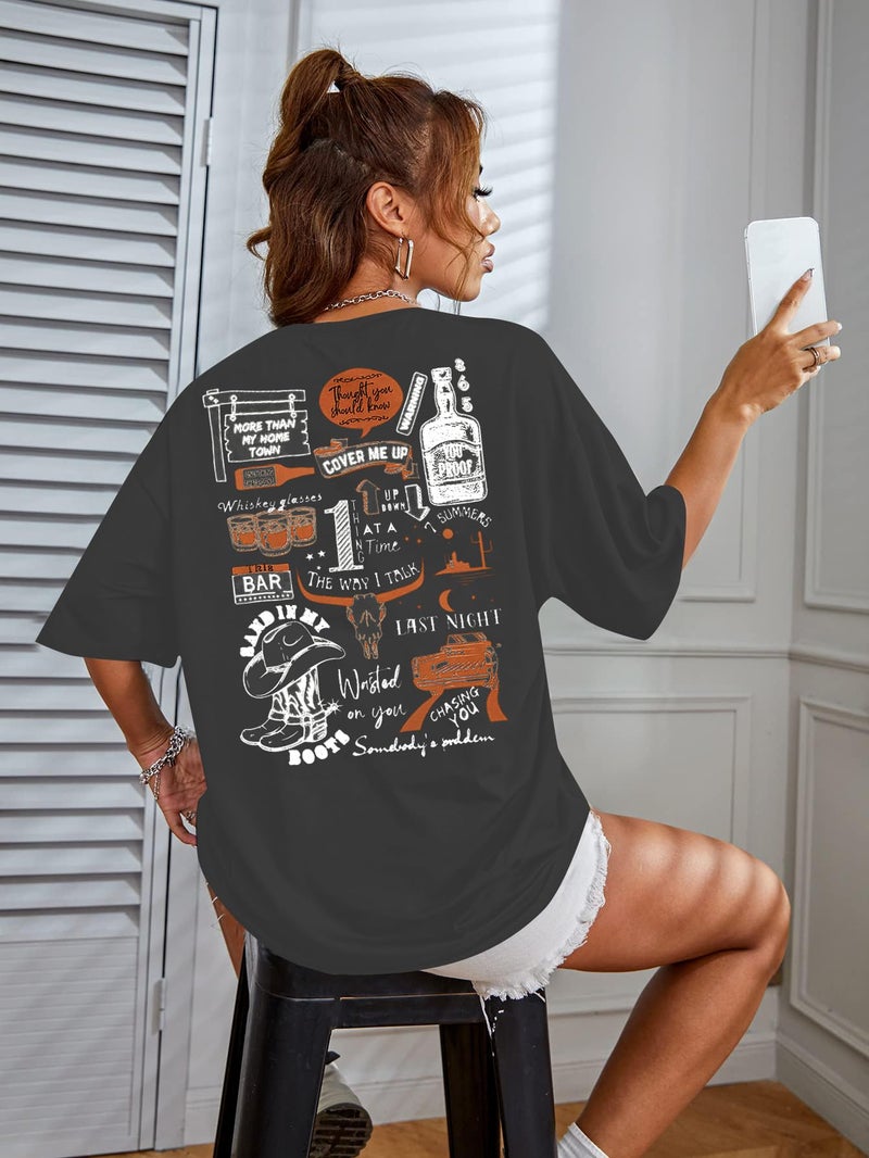 BANGELY Cow Skull Women Oversized Shirt Country Music T-Shirt Vintage Western Graphic Tee 80 90s Music Lover Short Sleeve Top - Image 2