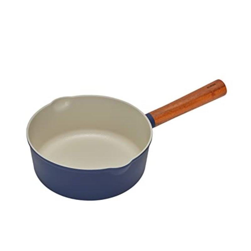OMIZA 21cm Nonstick Ceramic PFOA, PFOS-free Coated Sauce Pan, Dual Spouted 2 Liters Medium Saucepan, Wooden Handle, For Gas, Electric, Halogen, Induction stove Navy - Image 1