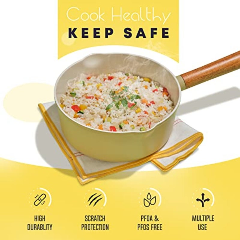 OMIZA 21cm Nonstick Ceramic PFOA, PFOS-free Coated Sauce Pan, Dual Spouted 2 Liters Medium Saucepan, Wooden Handle, For Gas, Electric, Halogen, Induction stove Navy - Image 3