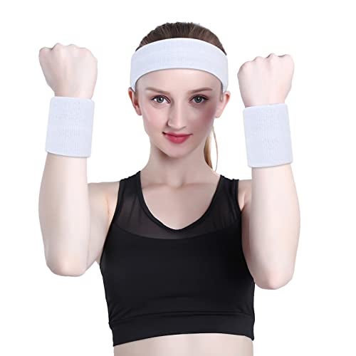 ONUPGO White Sweatband Set Sports Headband Wristband Set Sweatbands Terry Cloth Wristband Wrist Sweatband Headbands Moisture Wicking Sweat Absorbing Head Band - Image 5
