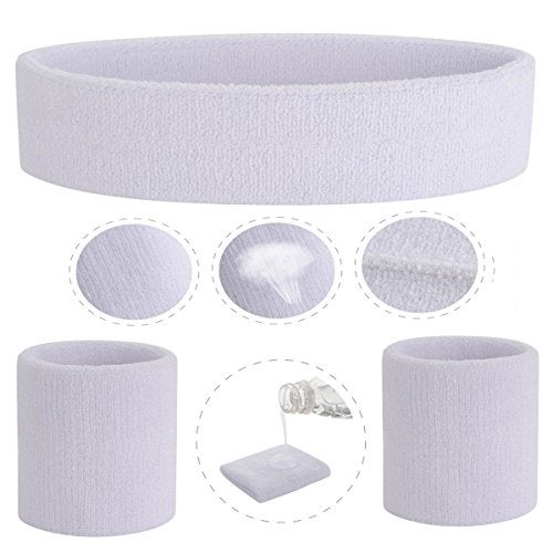 ONUPGO White Sweatband Set Sports Headband Wristband Set Sweatbands Terry Cloth Wristband Wrist Sweatband Headbands Moisture Wicking Sweat Absorbing Head Band - Image 3