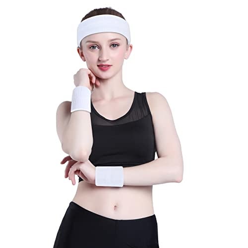 ONUPGO White Sweatband Set Sports Headband Wristband Set Sweatbands Terry Cloth Wristband Wrist Sweatband Headbands Moisture Wicking Sweat Absorbing Head Band - Image 4