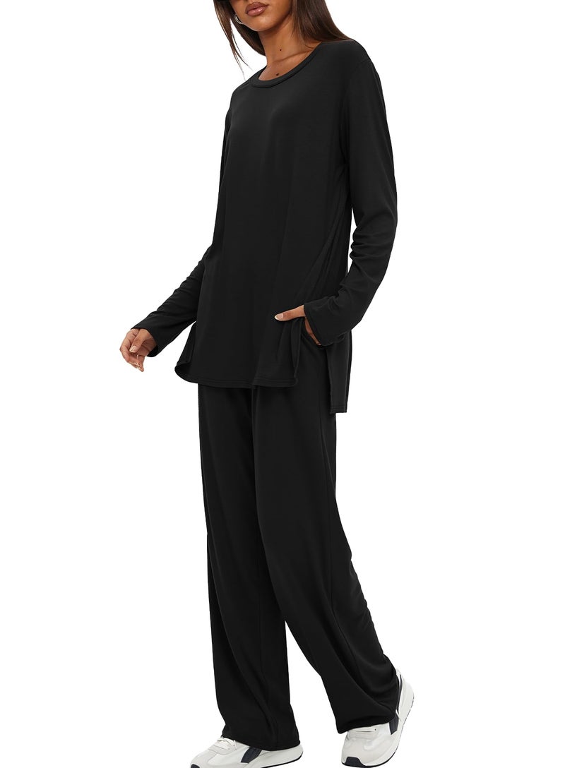 Darong Two Piece Sets for Women Fall Outfits Lounge Sets Casual Long Sleeve Shirts Wide Leg Pants Vacation Travel Outfits 9088A Black M - Image 3