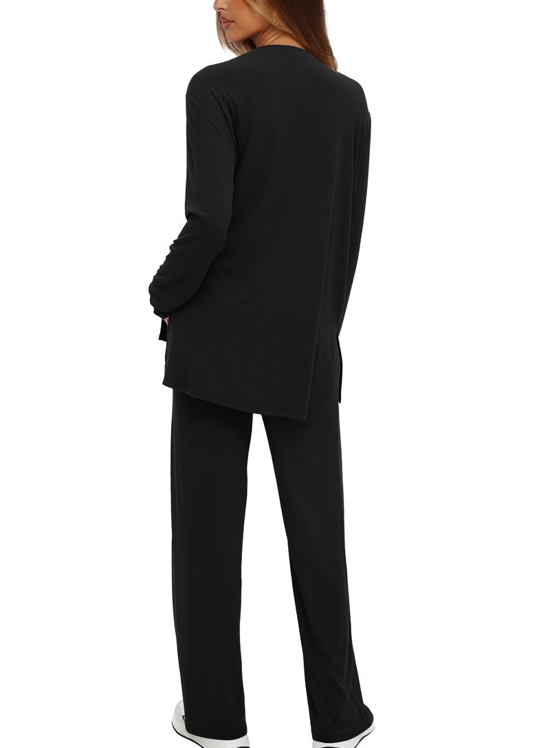 Darong Two Piece Sets for Women Fall Outfits Lounge Sets Casual Long Sleeve Shirts Wide Leg Pants Vacation Travel Outfits 9088A Black M - Image 2