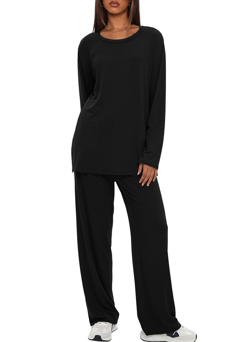 Darong Two Piece Sets for Women Fall Outfits Lounge Sets Casual Long Sleeve Shirts Wide Leg Pants Vacation Travel Outfits 9088A Black M - Image 4