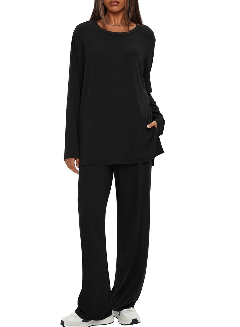 Darong Two Piece Sets for Women Fall Outfits Lounge Sets Casual Long Sleeve Shirts Wide Leg Pants Vacation Travel Outfits 9088A Black M - Image 1
