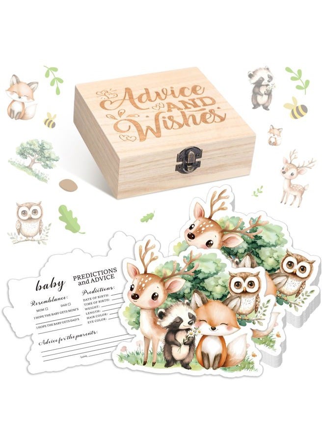RattanView 50 Pcs Double Side Woodland Animals Baby Shower Baby Prediction Advice Cards with Wooden Box Forest Woodland Animals Neutral Gender Reveal Games Card - Image 1