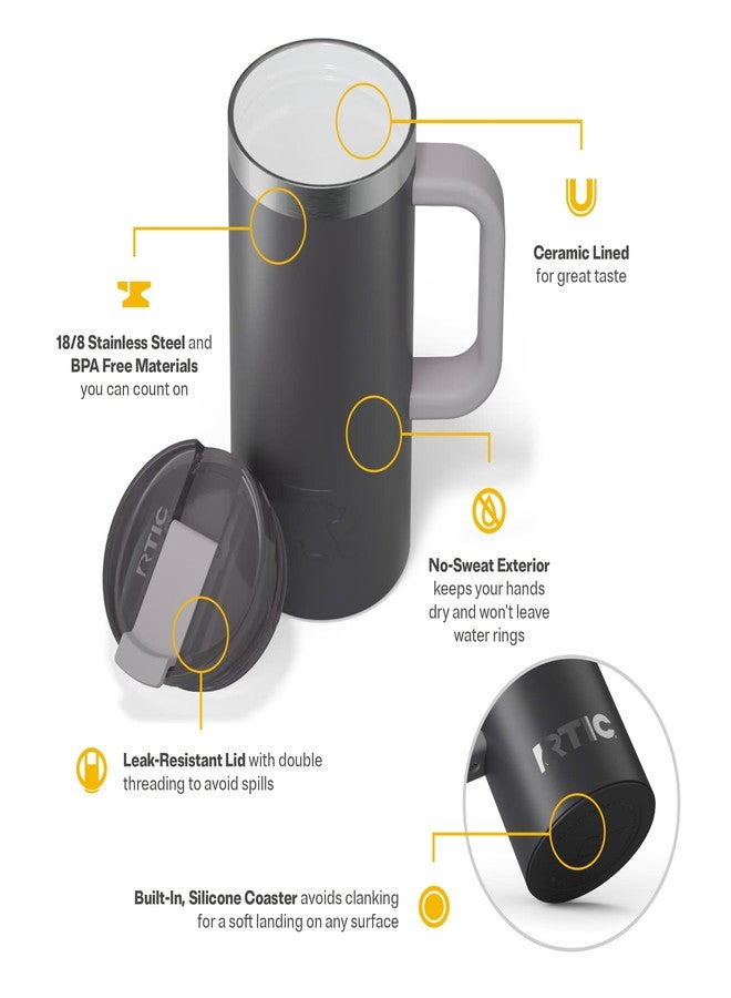 RTIC 16oz Road Trip Travel Mug with Lid and Handle, Ceramic Lined, Insulated, Stainless Steel, Metal, Double Wall Vacuum-Insulation, Portable Coffee, Tea Cup for Hot and Cold Drink, Graphite - Image 4