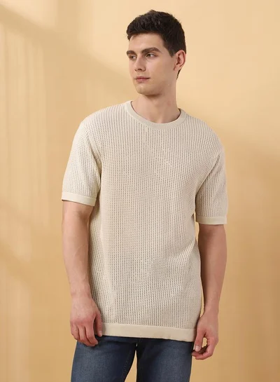 Dennis Lingo Men's Off White Flat Knit Textured Regular Fit T-Shirt