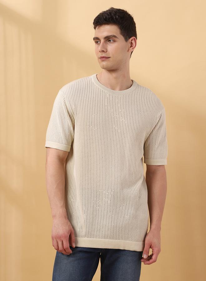Dennis Lingo Men's Off White Flat Knit Textured Regular Fit T-Shirt  - Image 1