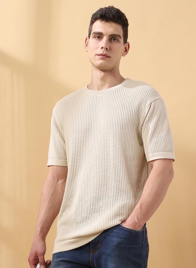 Dennis Lingo Men's Off White Flat Knit Textured Regular Fit T-Shirt  - Image 5
