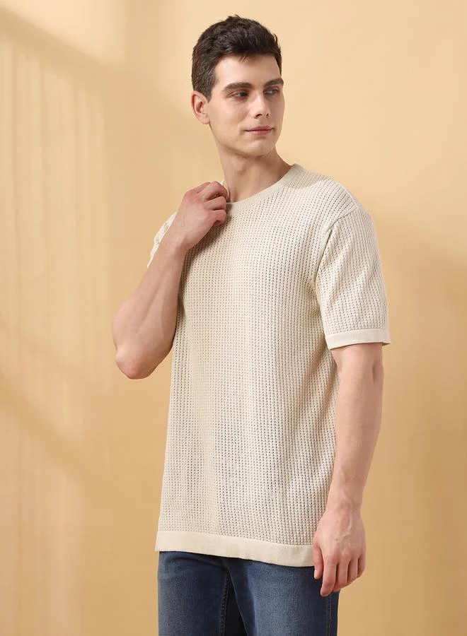 Dennis Lingo Men's Off White Flat Knit Textured Regular Fit T-Shirt