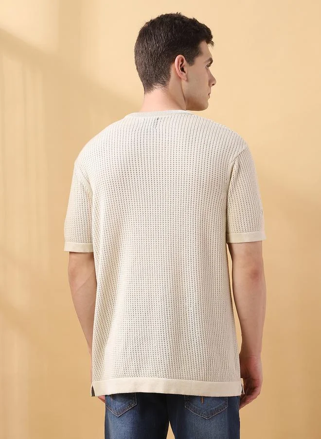 Dennis Lingo Men's Off White Flat Knit Textured Regular Fit T-Shirt