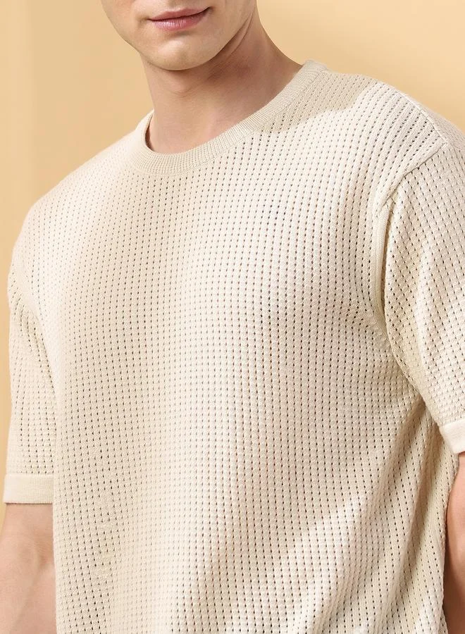 Dennis Lingo Men's Off White Flat Knit Textured Regular Fit T-Shirt