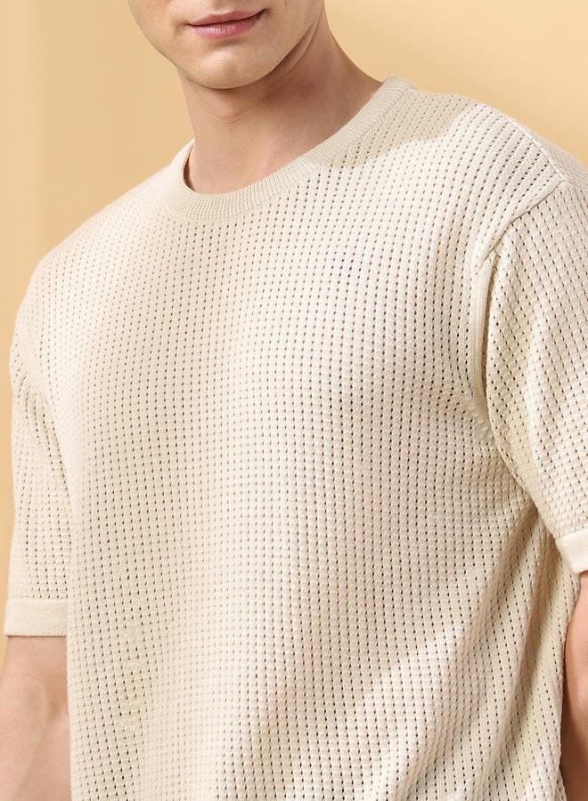 Dennis Lingo Men's Off White Flat Knit Textured Regular Fit T-Shirt  - Image 3