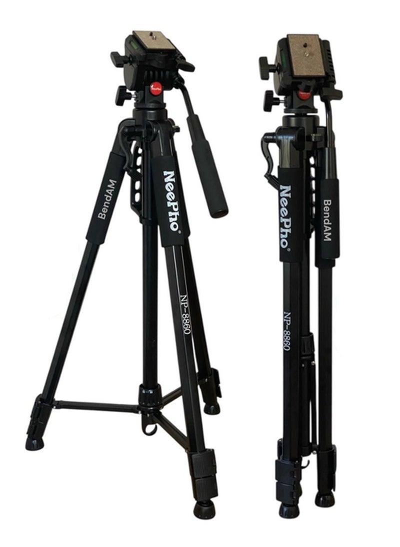 NeePho Professional Tripod NP-8860 , made of high-quality aluminum alloy and features an adjustable height from 69 to 192 cm, It features a water level for leveling, a 360-degree rotating head, stable non-slip feet, and a removable base, Ideal for cameras and smartphones, it's suitable for studio or outdoor photography. Lightweight and portable, it comes with an included shoulder bag, the perfect choice for photographers and professionals.  - Image 1