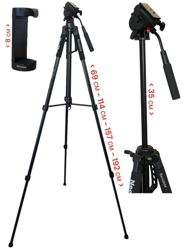 NeePho Professional Tripod NP-8860 , made of high-quality aluminum alloy and features an adjustable height from 69 to 192 cm, It features a water level for leveling, a 360-degree rotating head, stable non-slip feet, and a removable base, Ideal for cameras and smartphones, it's suitable for studio or outdoor photography. Lightweight and portable, it comes with an included shoulder bag, the perfect choice for photographers and professionals.  - Image 2