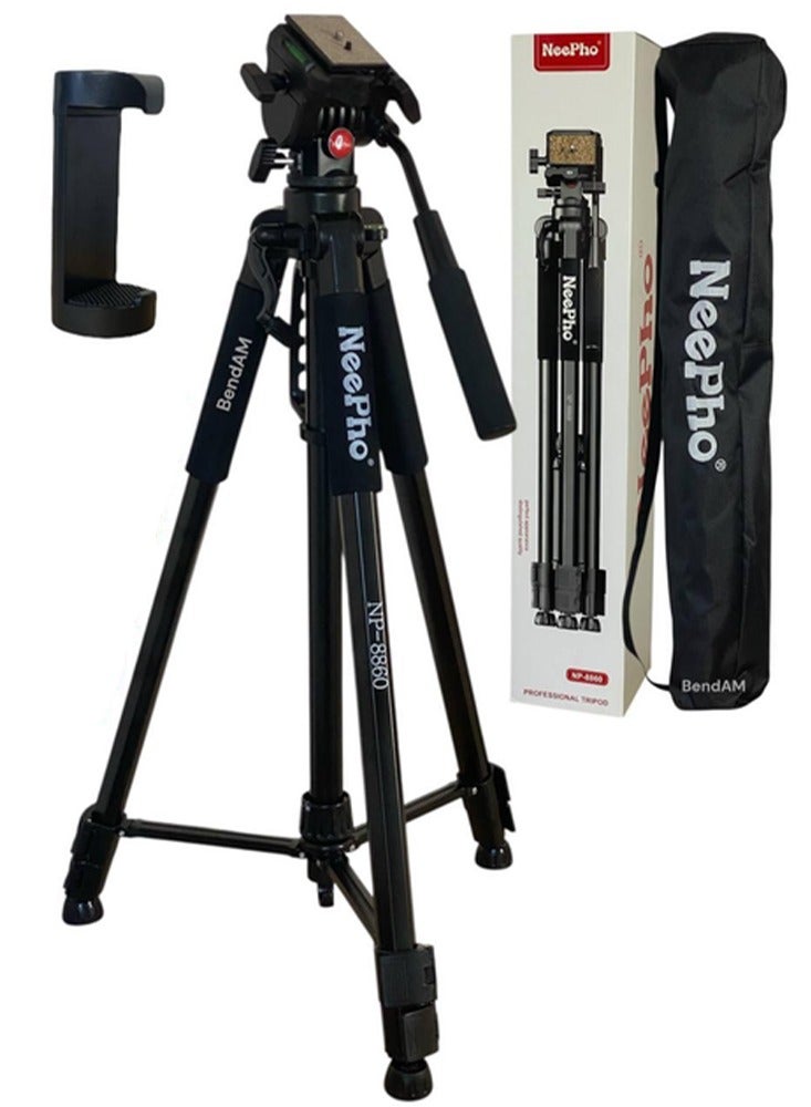 NeePho Professional Tripod NP-8860 , made of high-quality aluminum alloy and features an adjustable height from 69 to 192 cm, It features a water level for leveling, a 360-degree rotating head, stable non-slip feet, and a removable base, Ideal for cameras and smartphones, it's suitable for studio or outdoor photography. Lightweight and portable, it comes with an included shoulder bag, the perfect choice for photographers and professionals.  - Image 3