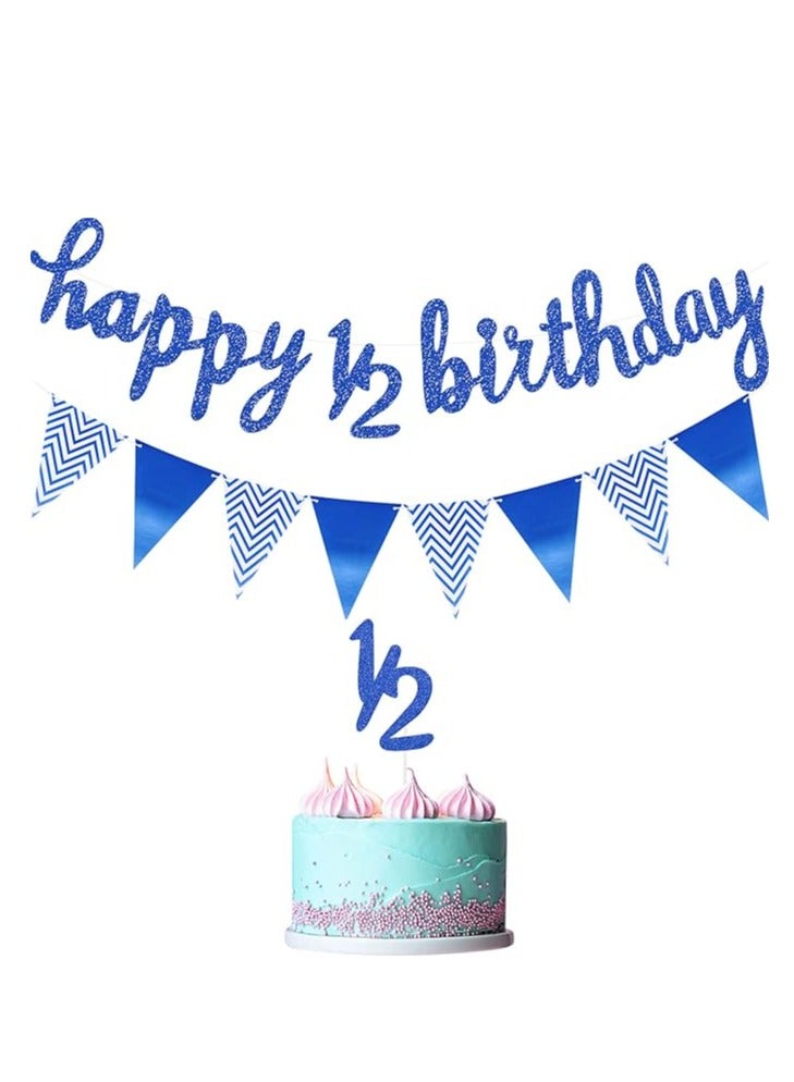 مجموعة زينة نصف عيد ميلاد مكونة من 3 قطع تتضمن لافتة عيد ميلاد سعيد لمدة 6 أشهر ونصف، وغطاء كعكة لامع لنصف عام ونصف، ولافتة علم مثلثة لحفل استقبال المولود الجديد، وحفلات التصوير الفوتوغرافي، مثبتة مسبقًا (أزرق داكن) - Image 1