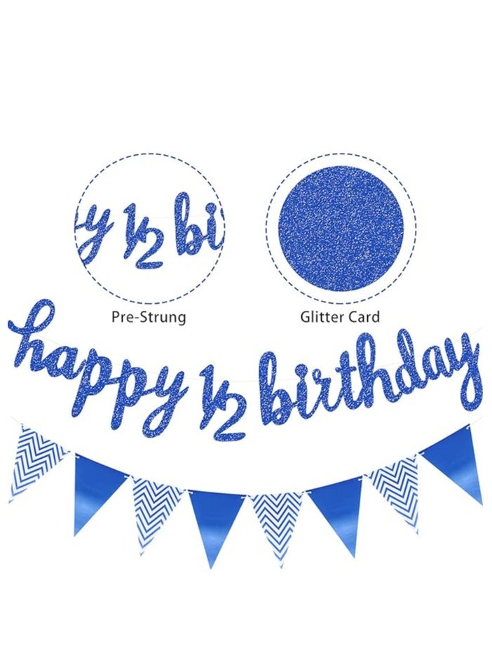 مجموعة زينة نصف عيد ميلاد مكونة من 3 قطع تتضمن لافتة عيد ميلاد سعيد لمدة 6 أشهر ونصف، وغطاء كعكة لامع لنصف عام ونصف، ولافتة علم مثلثة لحفل استقبال المولود الجديد، وحفلات التصوير الفوتوغرافي، مثبتة مسبقًا (أزرق داكن) - Image 2