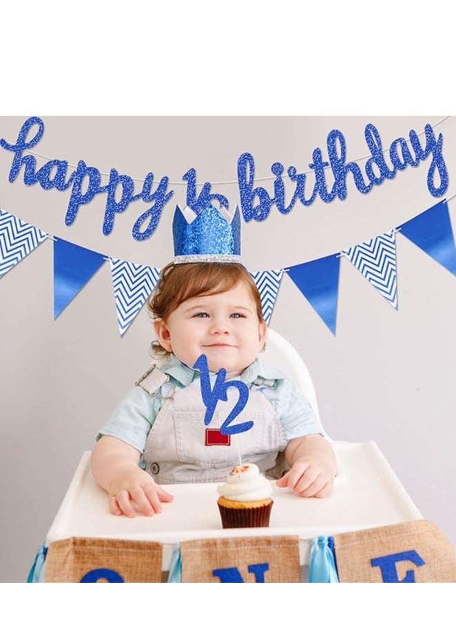 مجموعة زينة نصف عيد ميلاد مكونة من 3 قطع تتضمن لافتة عيد ميلاد سعيد لمدة 6 أشهر ونصف، وغطاء كعكة لامع لنصف عام ونصف، ولافتة علم مثلثة لحفل استقبال المولود الجديد، وحفلات التصوير الفوتوغرافي، مثبتة مسبقًا (أزرق داكن) - Image 3