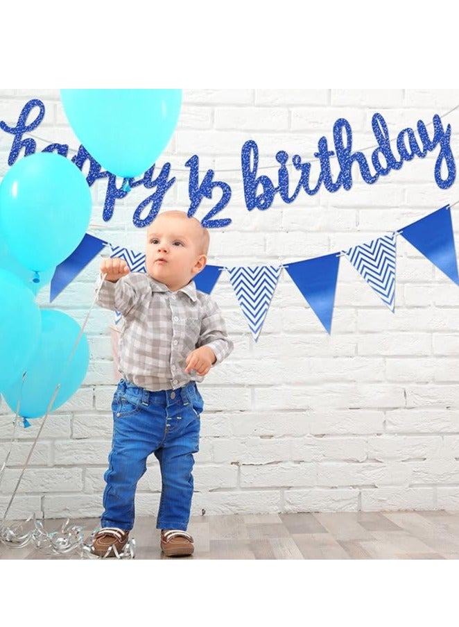 مجموعة زينة نصف عيد ميلاد مكونة من 3 قطع تتضمن لافتة عيد ميلاد سعيد لمدة 6 أشهر ونصف، وغطاء كعكة لامع لنصف عام ونصف، ولافتة علم مثلثة لحفل استقبال المولود الجديد، وحفلات التصوير الفوتوغرافي، مثبتة مسبقًا (أزرق داكن) - Image 4