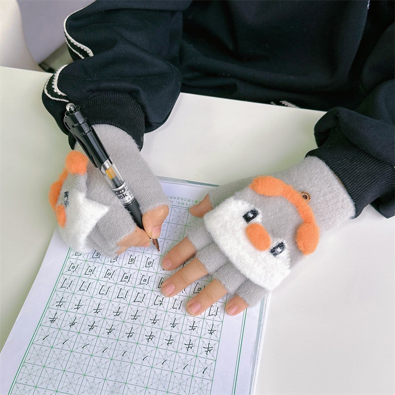 Children'S Gloves Winter Girls' Baby Cute Warm Thickened Five-Finger Flip Cover Writing Boys Primary School Students Half-Finger Female - Image 4