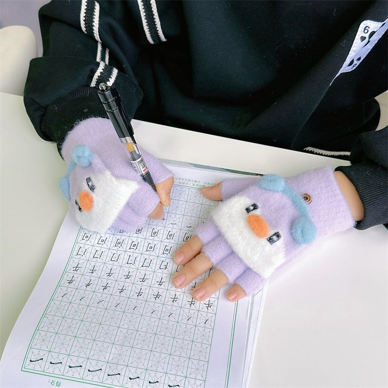 Children'S Gloves Winter Girls' Baby Cute Warm Thickened Five-Finger Flip Cover Writing Boys Primary School Students Half-Finger Female - Image 2