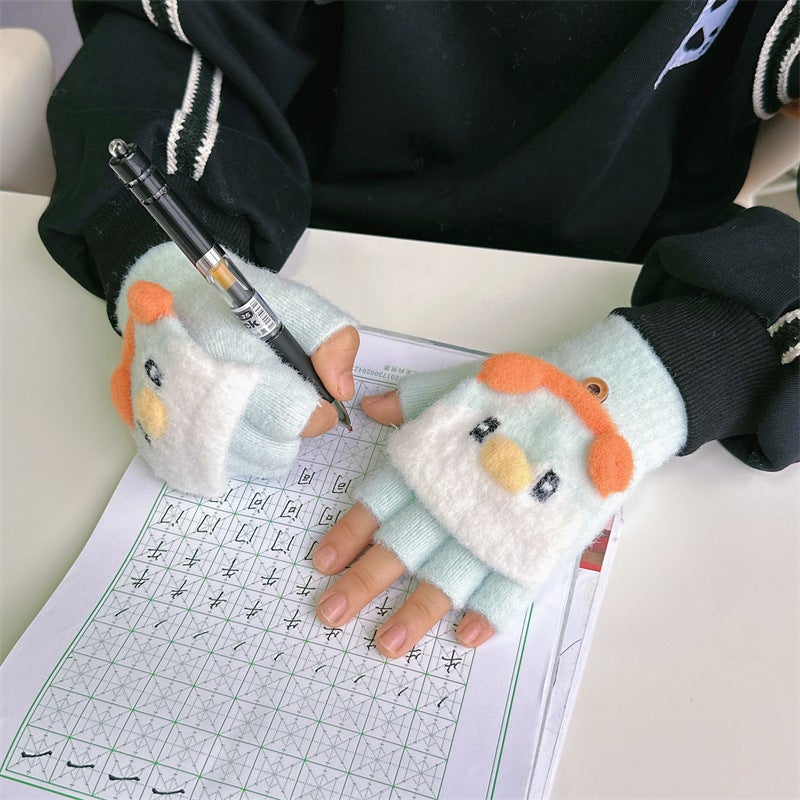 Children'S Gloves Winter Girls' Baby Cute Warm Thickened Five-Finger Flip Cover Writing Boys Primary School Students Half-Finger Female - Image 5