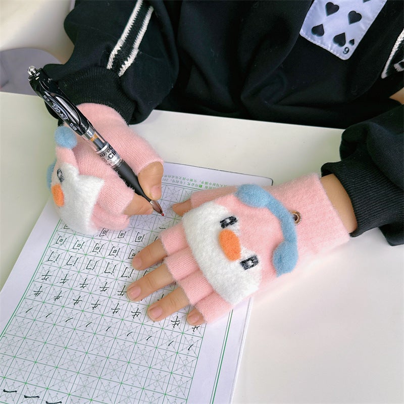 Children'S Gloves Winter Girls' Baby Cute Warm Thickened Five-Finger Flip Cover Writing Boys Primary School Students Half-Finger Female - Image 3