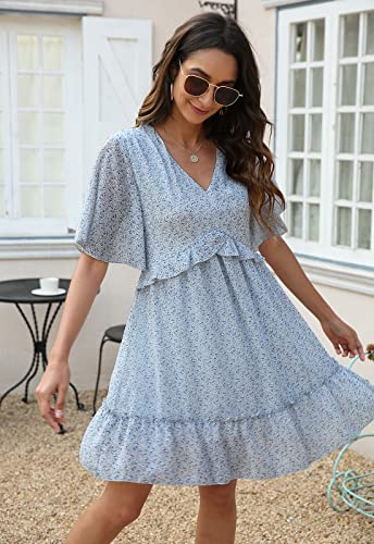 Manydress Women's Summer Floral Print V Neck Casual Mini Boho Ruffle Swing Dress MY068 (Blue Print, S) - Image 3